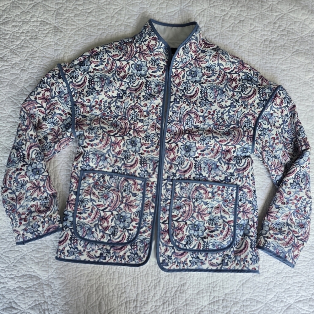7 For All Mankind Cotton Quilted Floral Paisley Jacket White Blue Trim